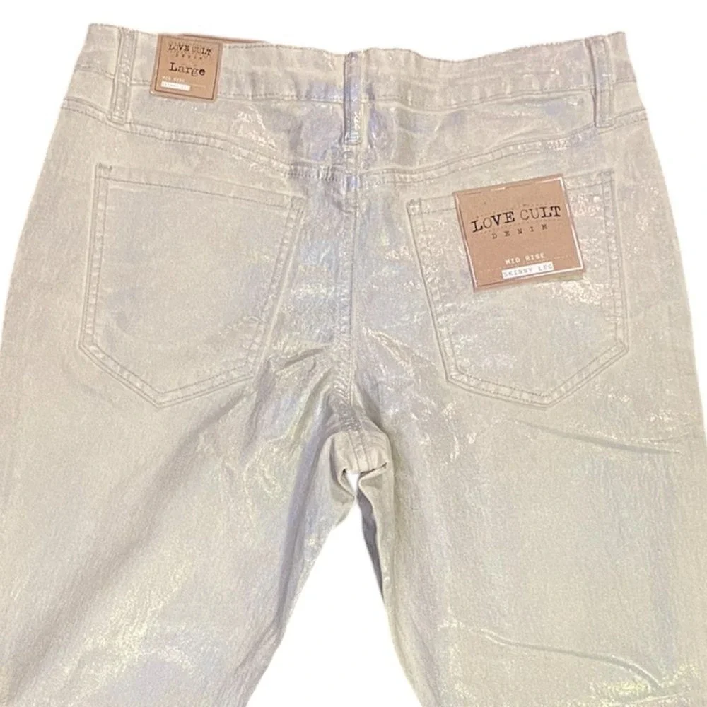Love Cult‎ Denim Mid Rise Skinny Leg, Silver Foil Holographic Jeans Large NWT